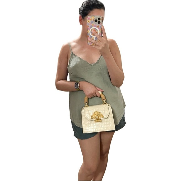 SCHUTZ Bamboo Handle Bee Closure Leather Off White Crossbody Bag - Picture 5 of 9